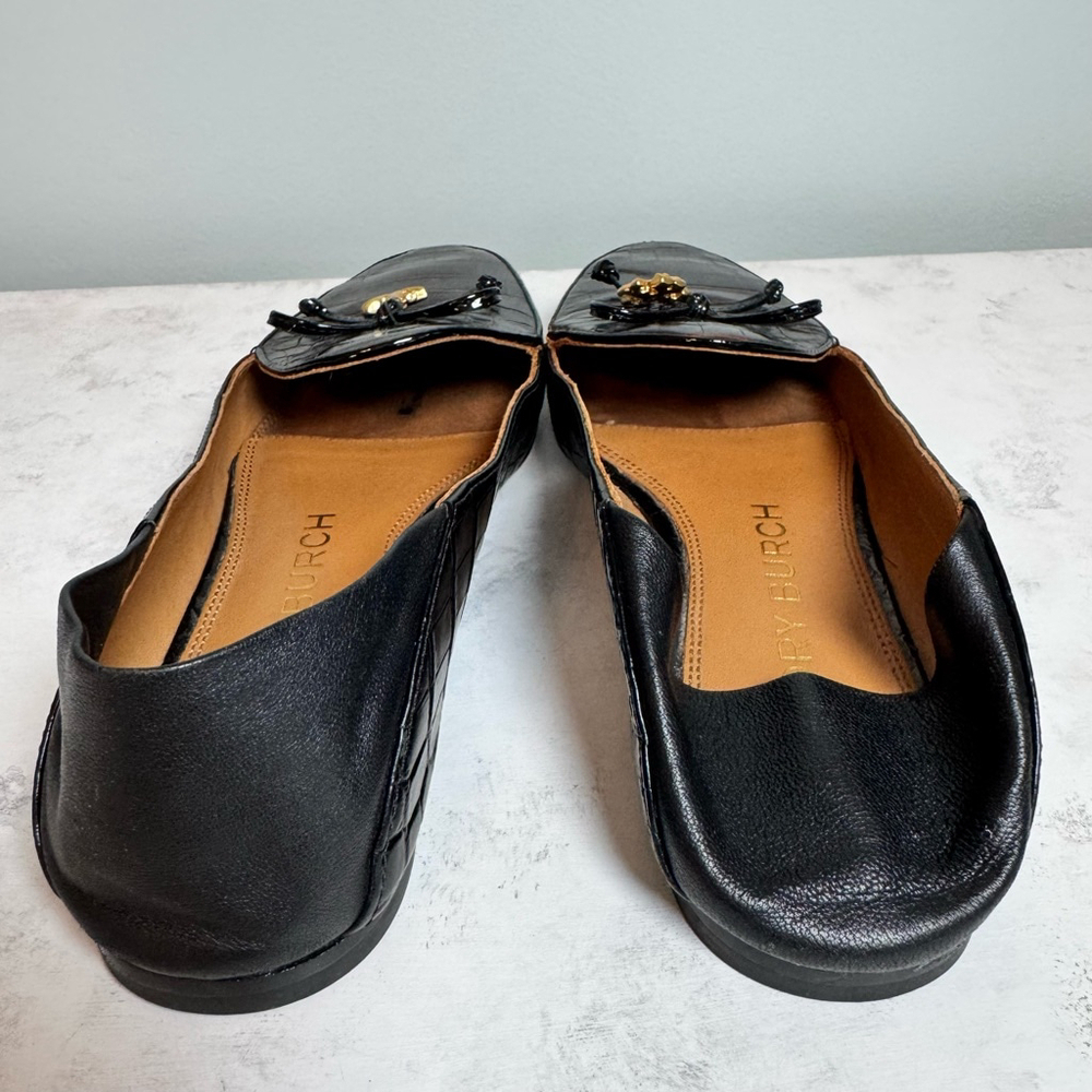 Women's Tory Burch Charm Croco Leather Loafers Size 7.5 Brown Black - Picture 6 of 10